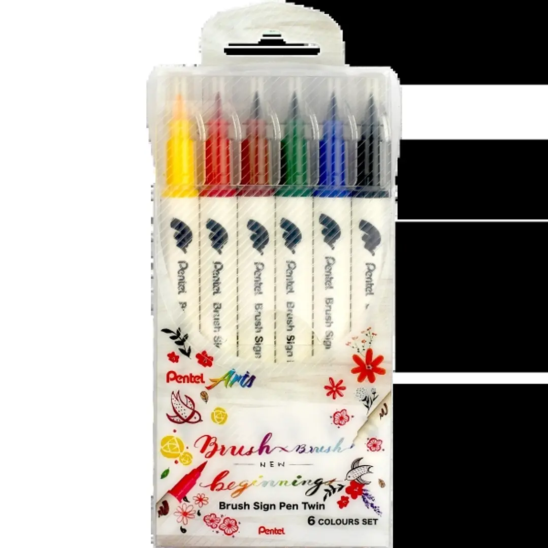 Pentel Brush Sing Pen Twin Pack de 6 Rotuladores con Doble Punta de Pincel Flexible - Punta Ancha 1-4mm, Punta Fina 0,2-2mm - Colores Surtidos 1