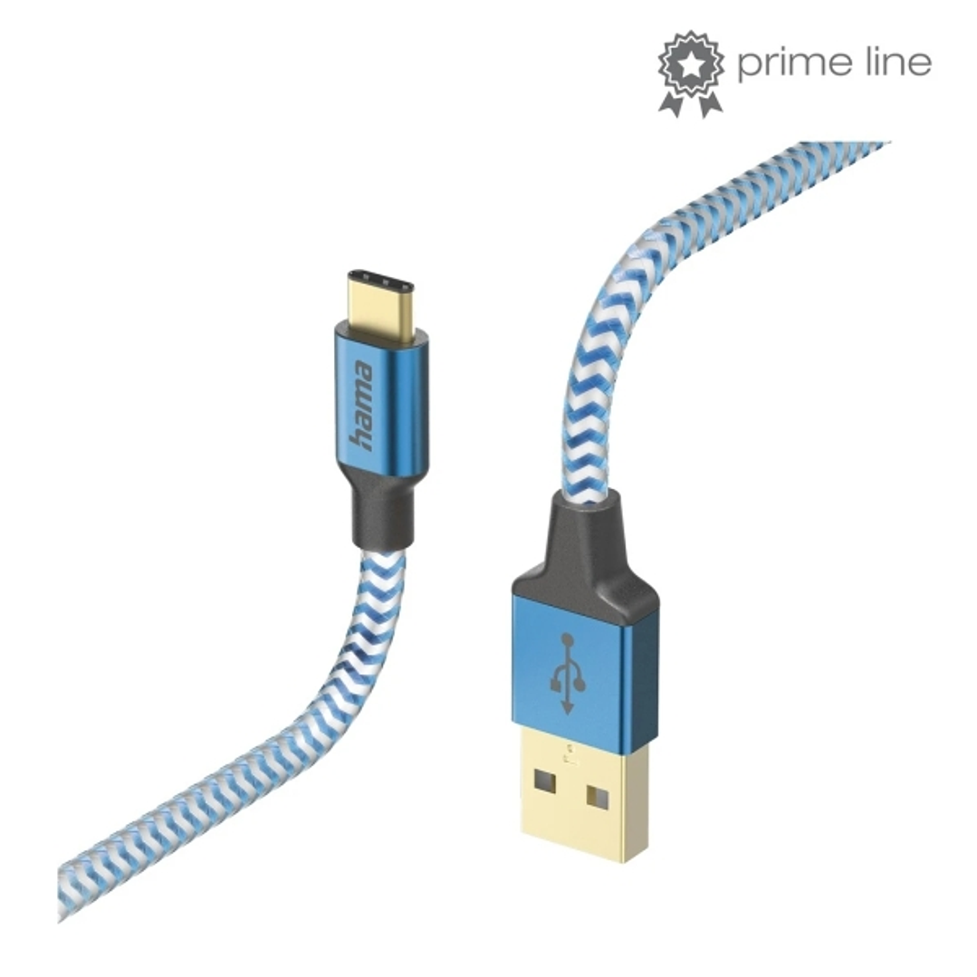 Hama Reflective Cable USB - Longitud 1.5m - USB-A Macho - USB-C Macho - Nailon - Velocidad hasta 480Mbps - Chapado en Oro - Color Azul 1