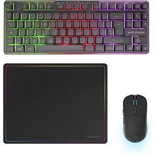 Mars Gaming MCPWTKL Combo Pack Gaming 3en1 - Teclado Hibrido H-Mech Formato TKL - Disposicion Francesa AZERTY FR - Raton 3200dpi - Switches HUANO - Co