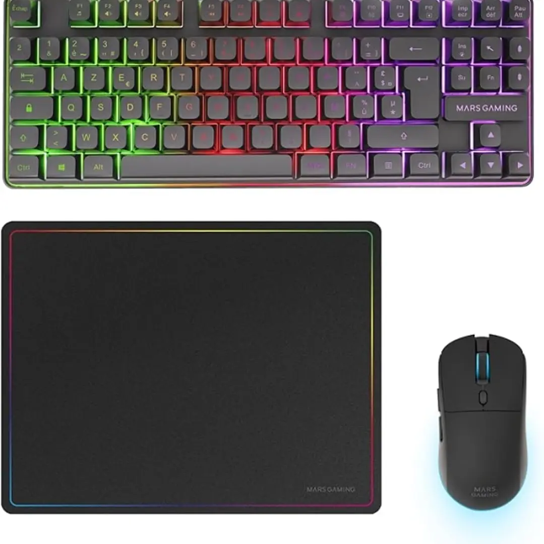 Mars Gaming MCPWTKL Combo Pack Gaming 3en1 - Teclado Hibrido H-Mech Formato TKL - Disposicion Francesa AZERTY FR - Raton 3200dpi - Switches HUANO - Co 1