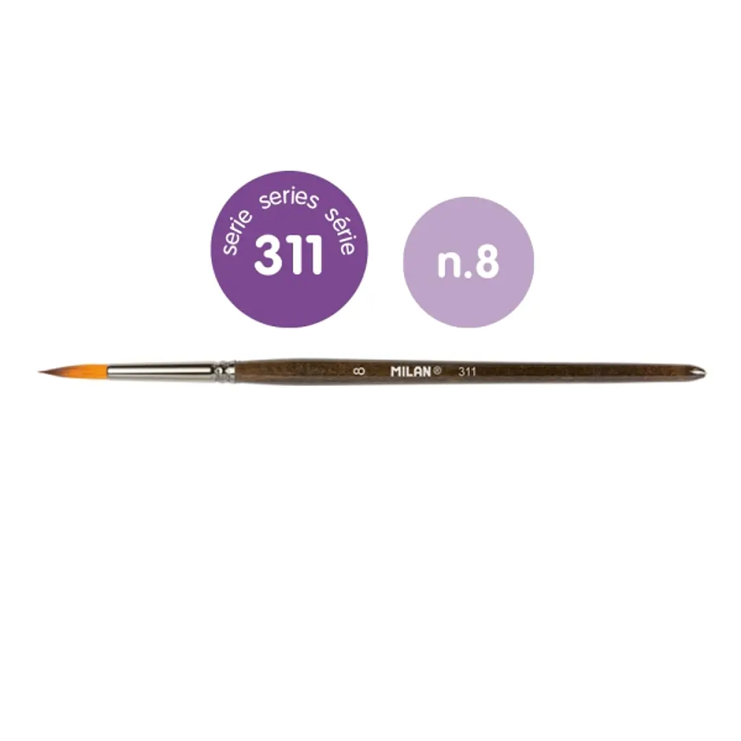 Milan 311 Pack de 6 Pinceles Redondos Numero 8 - Bolsa con Colgador - Pelo Sintetico - Color Madera Oscuro 1