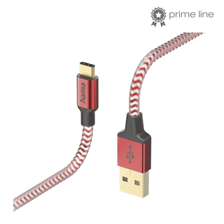 Hama Reflective Cable USB - Longitud 1.5m - USB-A Macho - USB-C Macho - Nailon - Velocidad hasta 480Mbps - Chapado en Oro - Color Rojo 1