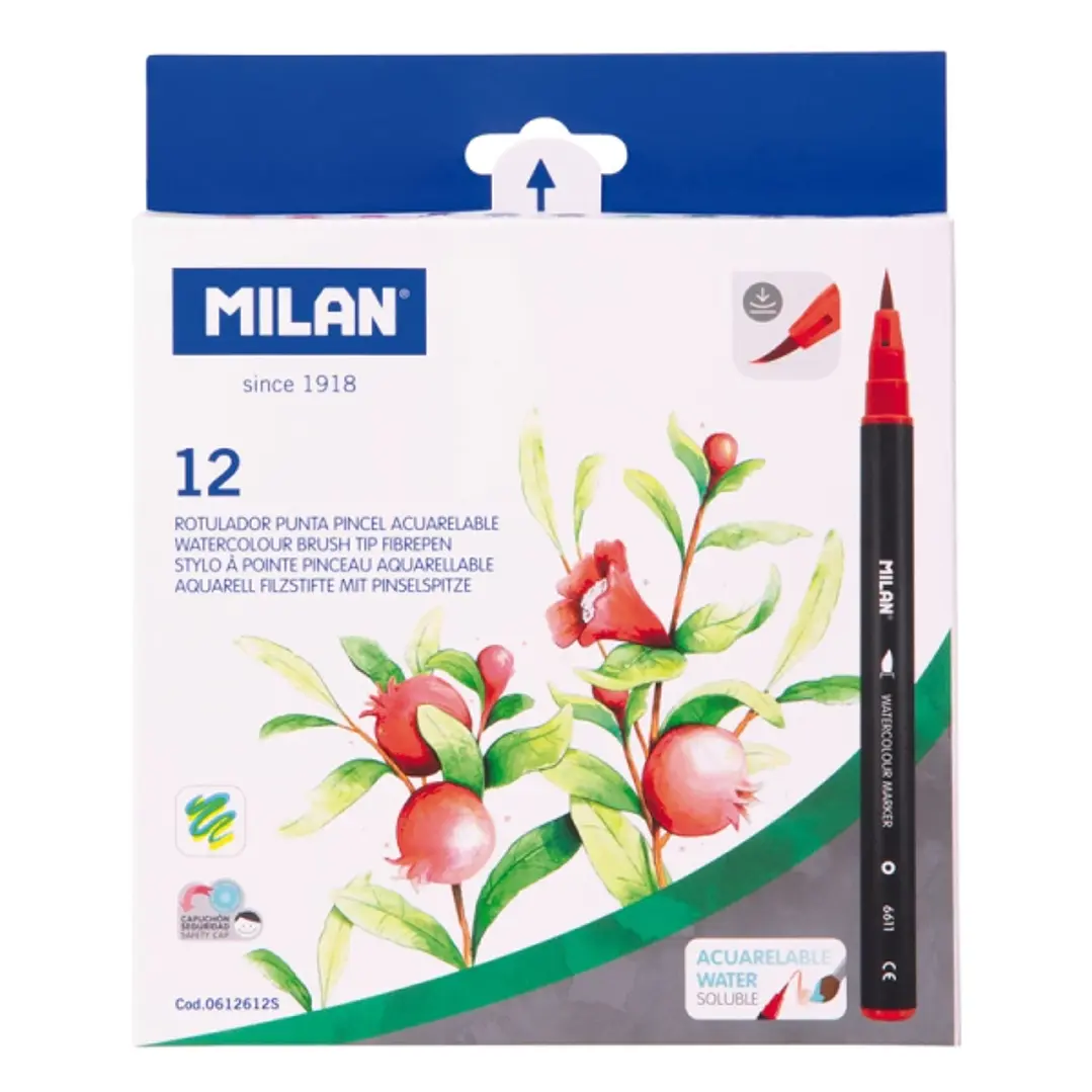 Milan Pack de 12 Rotuladores Acuarelables - Tinta al Agua - Punta de Pincel 0.5 a 6mm - Colores Surtidos 1