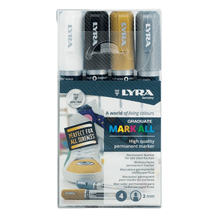Lyra Mark All Pack de 4 Rotuladores Permanentes - Multisuperficie - Punta Redonda - 2mm - Colores Negro, Blanco, Oro y Plata