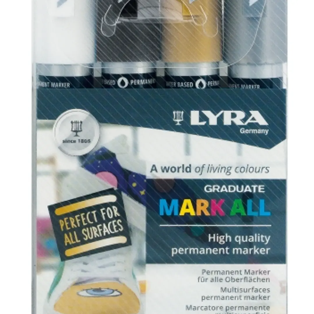 Lyra Mark All Pack de 4 Rotuladores Permanentes - Multisuperficie - Punta Redonda - 2mm - Colores Negro, Blanco, Oro y Plata 1