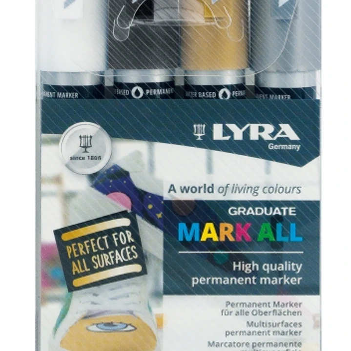 Lyra Mark All Pack de 4 Rotuladores Permanentes - Multisuperficie - Punta Redonda - 2mm - Colores Negro, Blanco, Oro y Plata 1