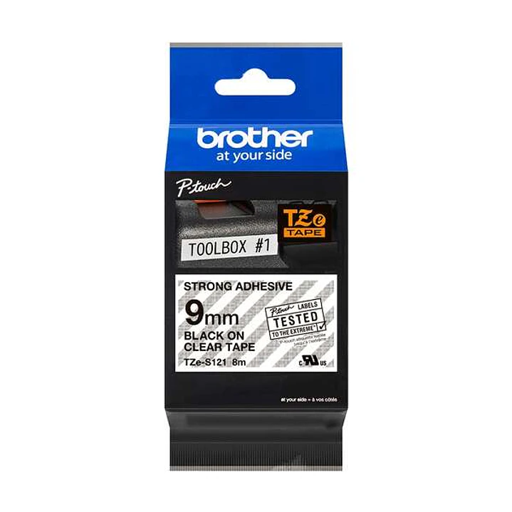 Brother TZeS121 Cinta Laminada Super Adhesiva Original de Etiquetas - Texto negro sobre fondo transparente - Ancho 9mm x 8 metros 1