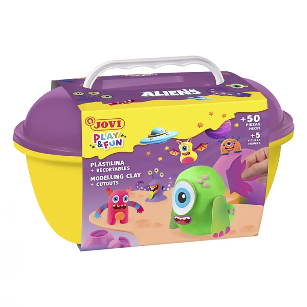 Jovi Play & Fun Cofre Aliens con 24 Barras de Plastilina 15gr + Modeladores + Recortables - Sin Gluten - Base Vegetal - No se Seca - Colores Surtidos 1