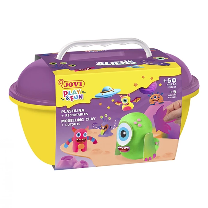 Jovi Play & Fun Cofre Aliens con 24 Barras de Plastilina 15gr + Modeladores + Recortables - Sin Gluten - Base Vegetal - No se Seca - Colores Surtidos 1