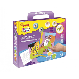 Jovi Play & Fun Kit Pinta con Arena Monsters con 8 Botes de Arena + 1 Punzon + 3 Laminas con Diseños de Monstruos - Colores Surtidos