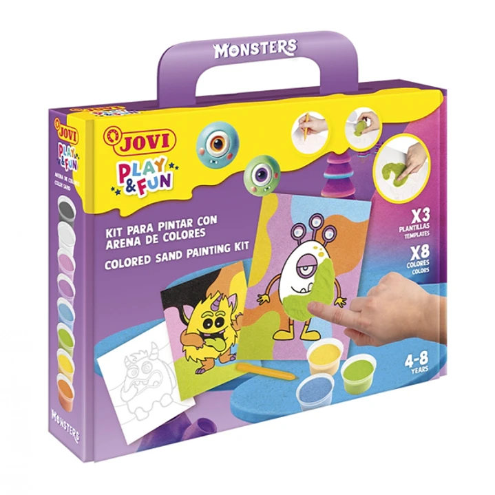 Jovi Play & Fun Kit Pinta con Arena Monsters con 8 Botes de Arena + 1 Punzon + 3 Laminas con Diseños de Monstruos - Colores Surtidos 1