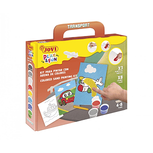 Jovi Play & Fun Kit Pinta con Arena Transport con 8 Botes de Arena + 1 Punzon + 3 Laminas con Diseños de Transportes - Colores Surtidos