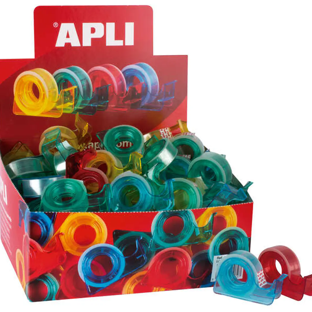 Apli Porta Cinta School con Cinta Adhesiva Transparente - 15mm x 10m - Facil de Usar y Transportar - Ideal para Estudiantes y Oficinas - Transparente 1