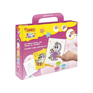 Jovi Play & Fun Kit Pinta con Arena Unicorns con 8 Botes de Arena + 1 Punzon + 3 Laminas con Diseños de Unicornios - Colores Surtidos