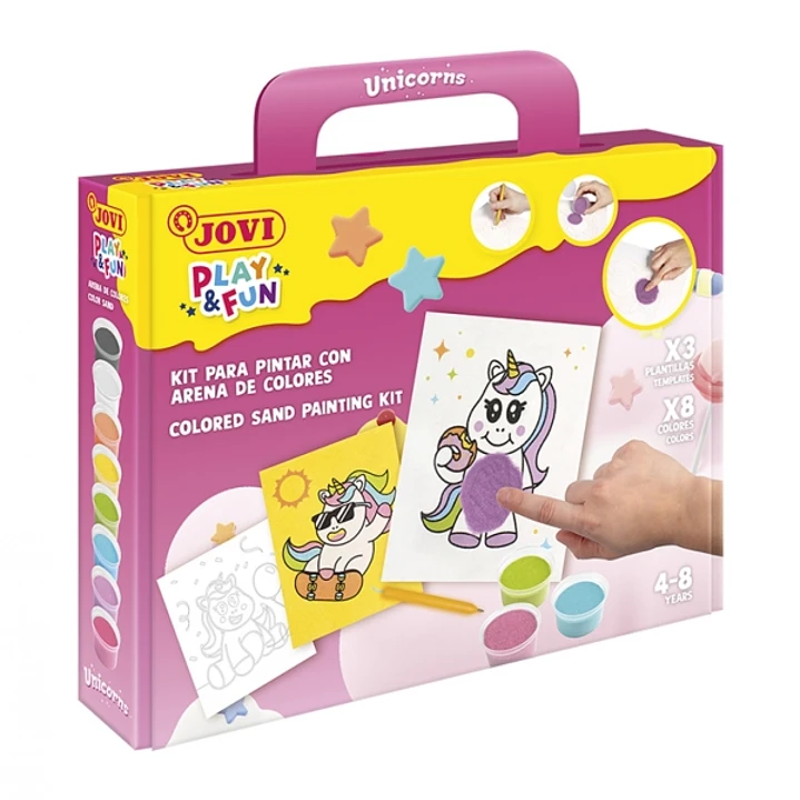 Jovi Play & Fun Kit Pinta con Arena Unicorns con 8 Botes de Arena + 1 Punzon + 3 Laminas con Diseños de Unicornios - Colores Surtidos 1