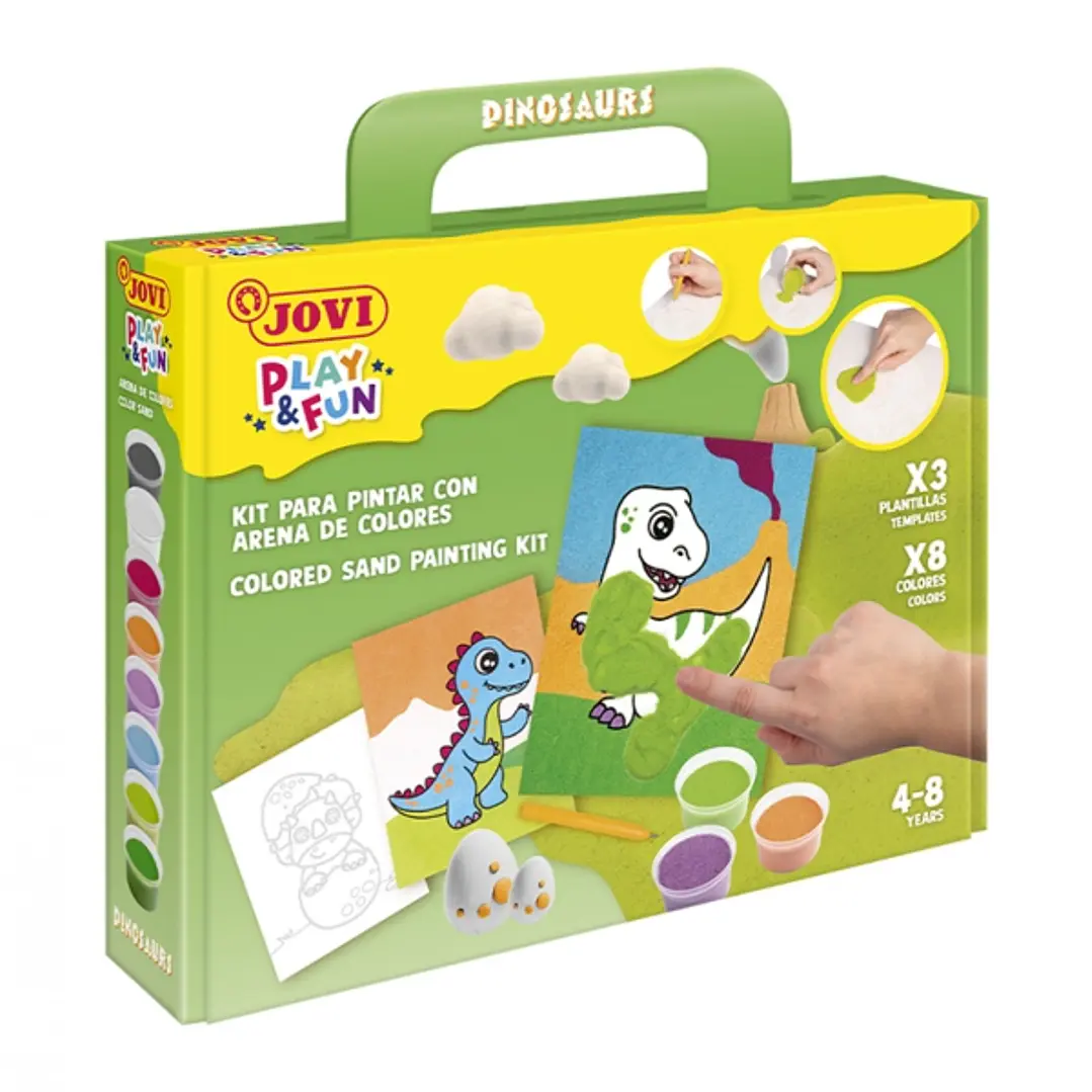 Jovi Play & Fun Kit Pinta con Arena Dinosaurs con 8 Botes de Arena + 1 Punzon + 3 Laminas con Diseños de Dinosaurios - Colores Surtidos 1