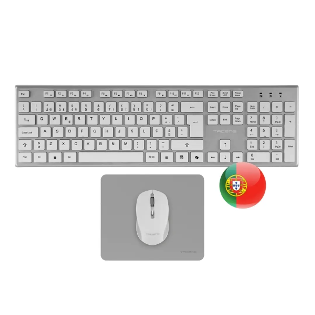Tacens Zenith Combo Pack Inalabrico de Teclado Completo + Raton y Alfombrilla - Disposicion Portuguesa QWERTY PT - Teclas Silenciosas de Perfil Bajo - 1