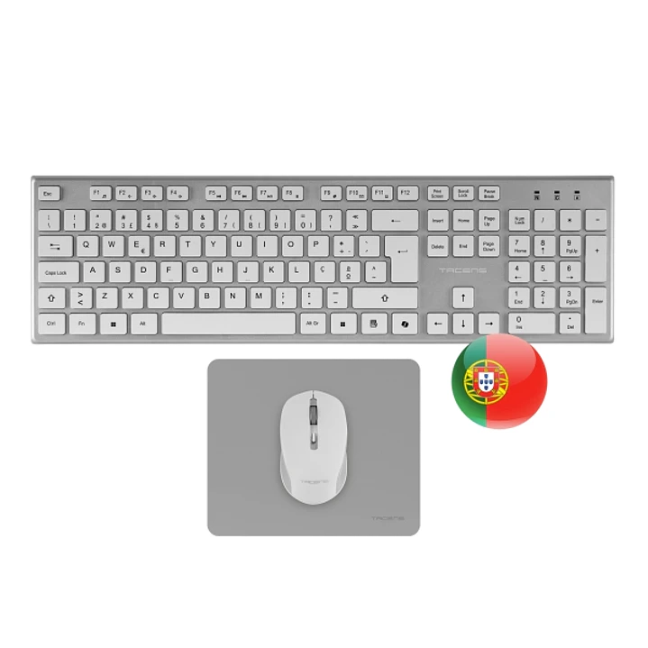 Tacens Zenith Combo Pack Inalabrico de Teclado Completo + Raton y Alfombrilla - Disposicion Portuguesa QWERTY PT - Teclas Silenciosas de Perfil Bajo - 1