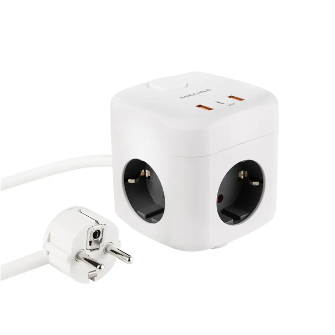 Nanocable Base de 3 Enchufes Schuko + 2x USB-A y 1x USB-C con Interruptor - Tecnologia GaN, PPS y PD 20W - Cable de 1.40m - Color Blanco 1