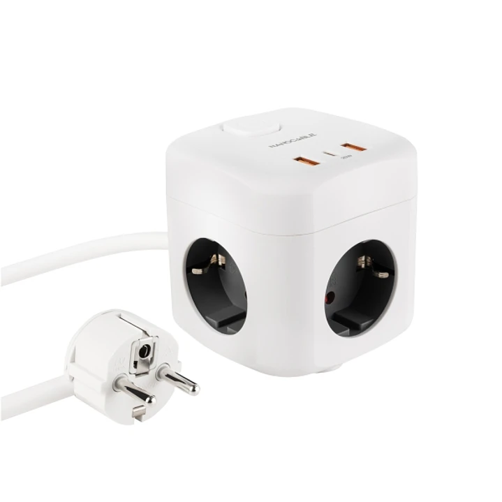 Nanocable Base de 3 Enchufes Schuko + 2x USB-A y 1x USB-C con Interruptor - Tecnologia GaN, PPS y PD 20W - Cable de 1.40m - Color Blanco 1