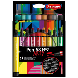 Stabilo Pen 68 MAX Arty Pack de 18 Rotuladores - Punta de Fibra Biselada - Trazo entre 1-5mm aprox. - Tinta a Base de Agua - Colores Surtidos