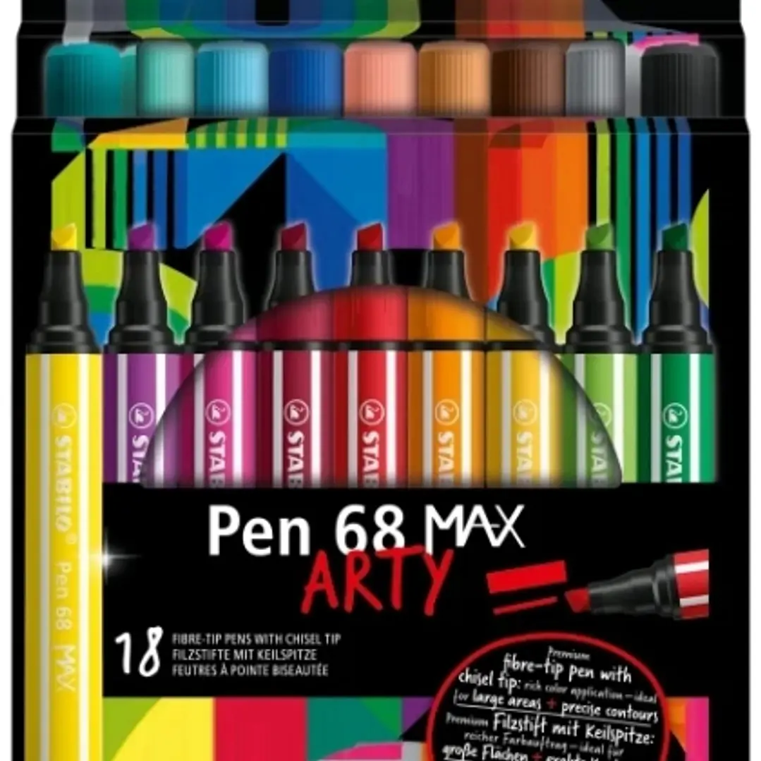 Stabilo Pen 68 MAX Arty Pack de 18 Rotuladores - Punta de Fibra Biselada - Trazo entre 1-5mm aprox. - Tinta a Base de Agua - Colores Surtidos 1