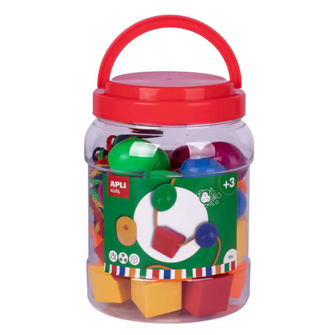 Apli Kit de Formas Ensartables - 40 Piezas - 4 Cordones de 90cm - 6 Formas Geometricas - Colores Surtidos - Bote de Plastico con Asa Mejorado 1