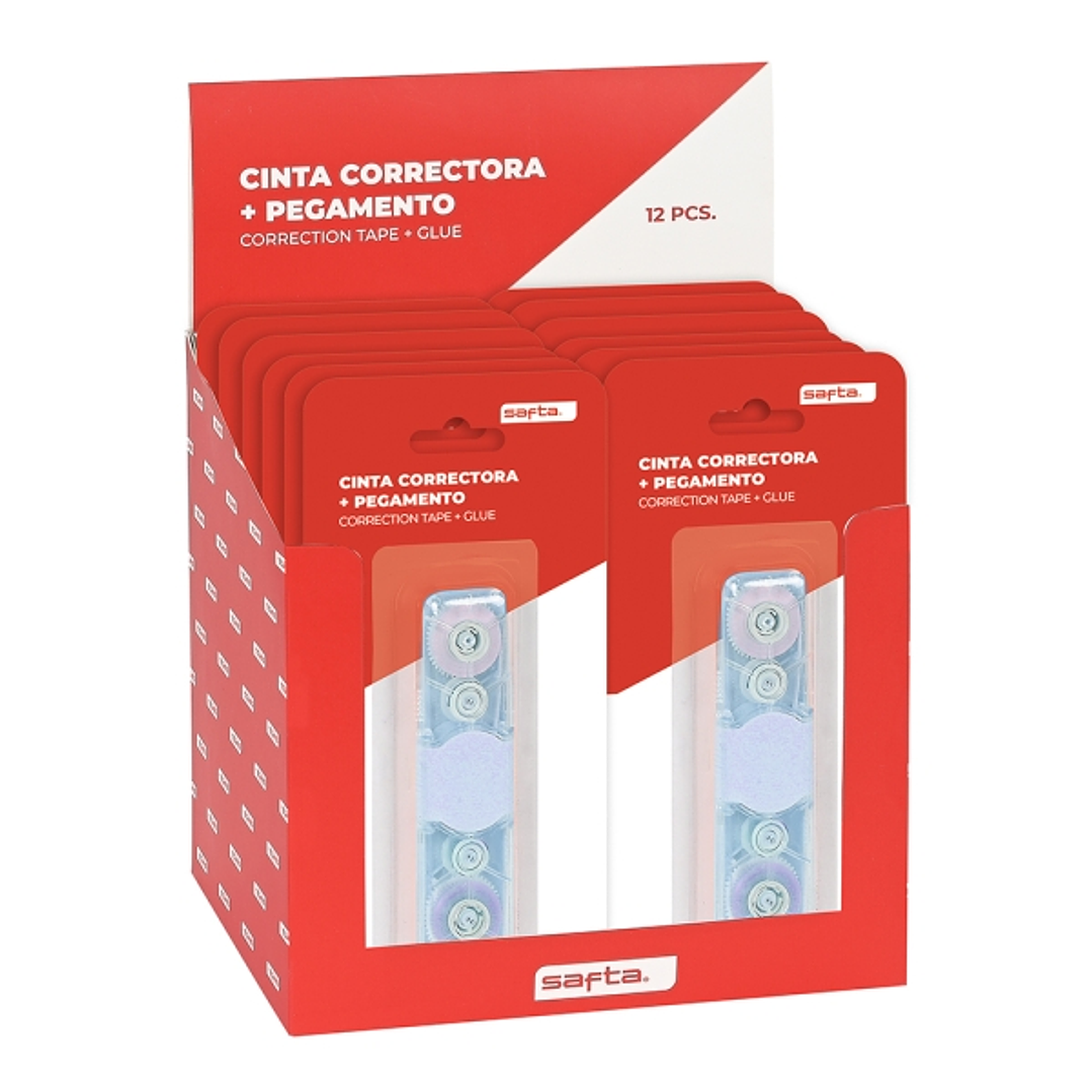 Safta Expositor con 12 Packs de Cinta Correctora y Pegamento - Doble Funcion - Colores Surtidos 1