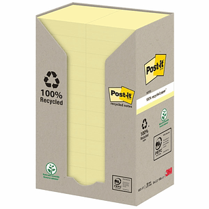 Post-It Pack de 24 Blocs de 100 Notas Adhesivas Recicladas - Forma Rectangular - 51x38mm - Color Amarillo Claro