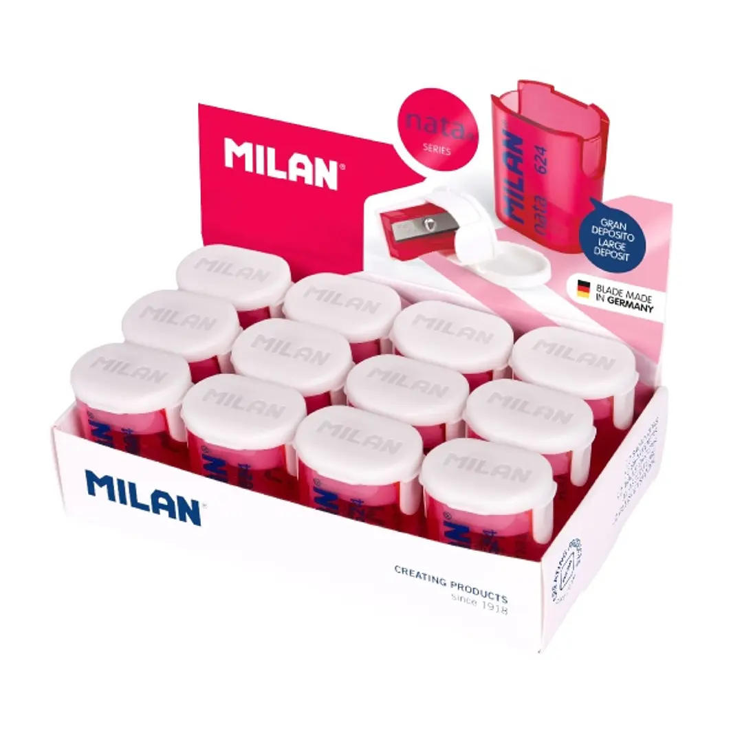 Milan Nata® 624 Expositor de 12 Sacapuntas con Deposito - Cuchilla de Acero - Color Blanco/Rosa 1