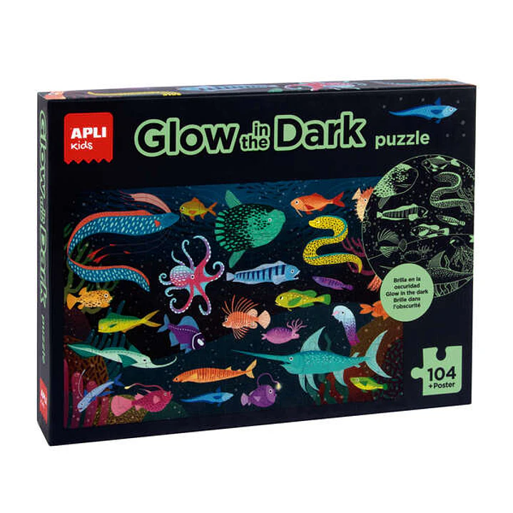 Apli Glow in the Dark Puzzle Fluorescente de 104 Piezas 5x5cm - Tematica Oceanos - Poster para Facilitar Montaje - Recomendado para Niños a partir de  1