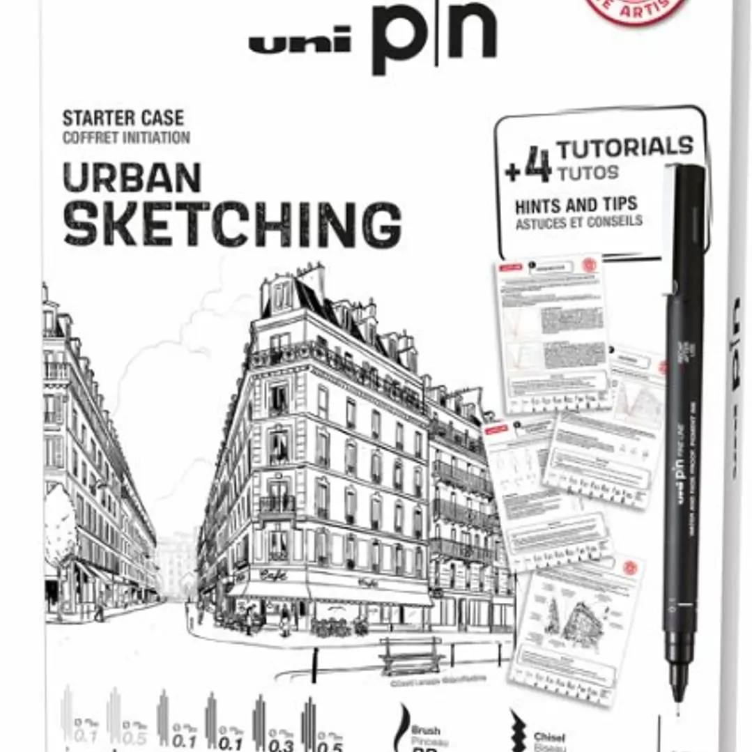 Uni-ball Uni Pin Urban Sketching Pack de 8 Rotuladores Calibrados 0.1, 0.3, 0.5, Brush y CS3 + 1 Portaminas Shalaku S + 4 Tutoriales + Consejos y Suge 1