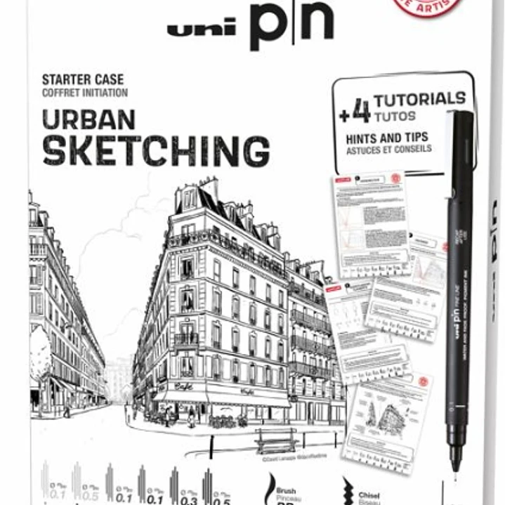 Uni-ball Uni Pin Urban Sketching Pack de 8 Rotuladores Calibrados 0.1, 0.3, 0.5, Brush y CS3 + 1 Portaminas Shalaku S + 4 Tutoriales + Consejos y Suge 1