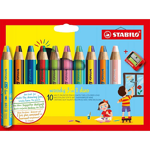 Stabilo Woody 3 en 1 Duo Pack de 10 Lapices de Colores + Sacapuntas - Mina 2 Colores XXL 10mm - Lapiz de Color, Cera  Acuarela, Todo en Uno - Colores 