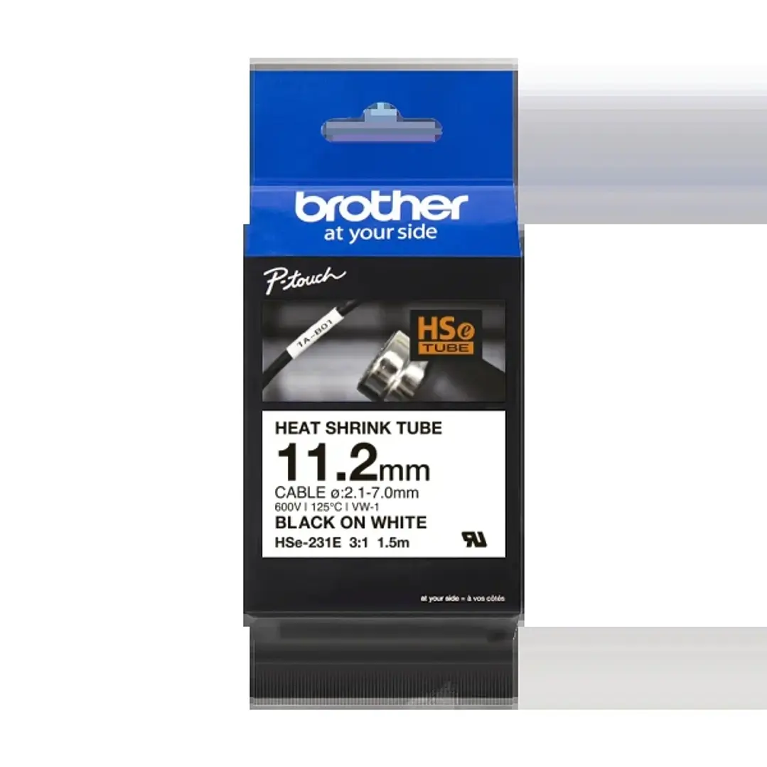 Brother HSe231E Cinta Tubo Termorretractil Original de Etiquetas para Cables - Texto negro sobre fondo blanco - Ancho 11.2mm x 1.5 metros - Cable reco 1