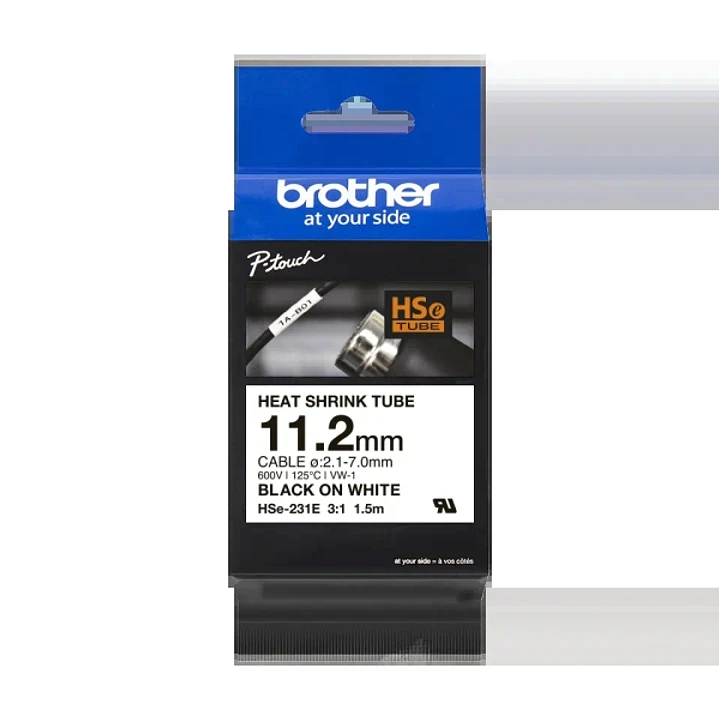 Brother HSe231E Cinta Tubo Termorretractil Original de Etiquetas para Cables - Texto negro sobre fondo blanco - Ancho 11.2mm x 1.5 metros - Cable reco 1