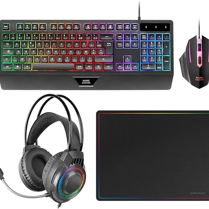 Mars Gaming MCP124PRO Combo Pack Gaming 4en1 - Teclado Hibrido H-Mech - Disposicion Portuguesa QWERTY PT - Raton 3200dpi - Alfombrilla Nanotextil - Co 1