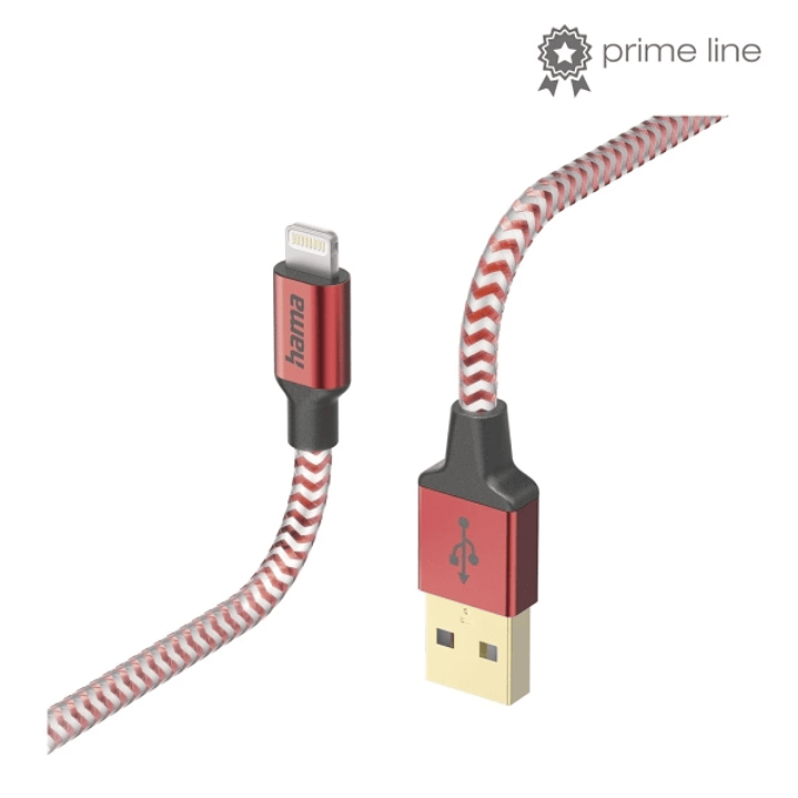 Hama Reflective Cable de Carga - USB-A - Lightning - Longitud 1.5m - Nailon - Velocidad hasta 480Mbps - Chapado en Oro - Color Rojo 1