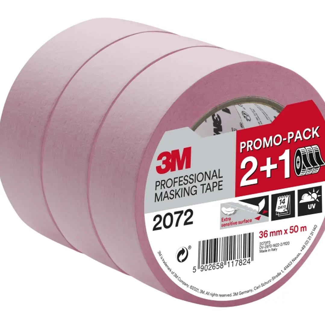 3M Pack de 3 Cintas de Enmascarar para Superficies Delicadas - 36mm x 50m - Promocion 2 + 1 Gratis - Color Rosa 1