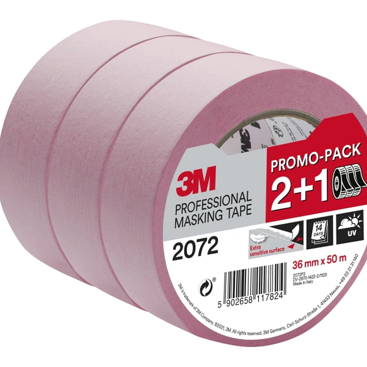3M Pack de 3 Cintas de Enmascarar para Superficies Delicadas - 36mm x 50m - Promocion 2 + 1 Gratis - Color Rosa 1