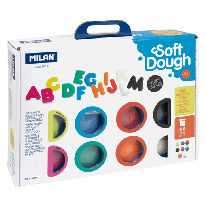 Milan Soft Dough Pack de 8 Botes de Pasta Blanda - Maletin con Herramientas - 59g por Unidad - 100% Vegetal - Moldeable - Sin Residuos - Colores Mezcl 1