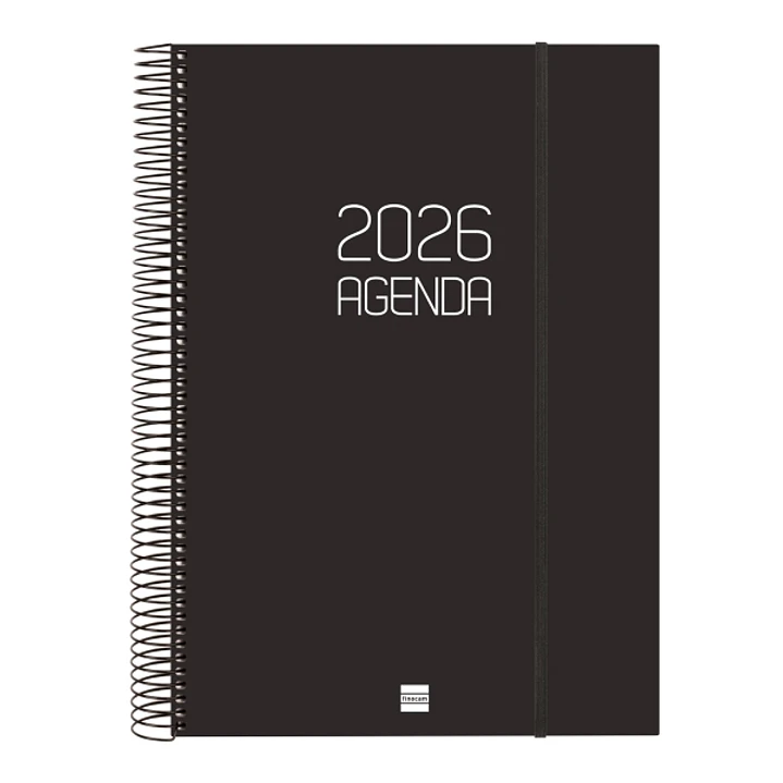 Finocam Opaque Agenda de Espiral - Anual 2026 - Tapa Ligera - Cierre con Goma Elastica - Formato E40 - 230x29x297mm - 1 Dia por Pagina - Color Negro 1