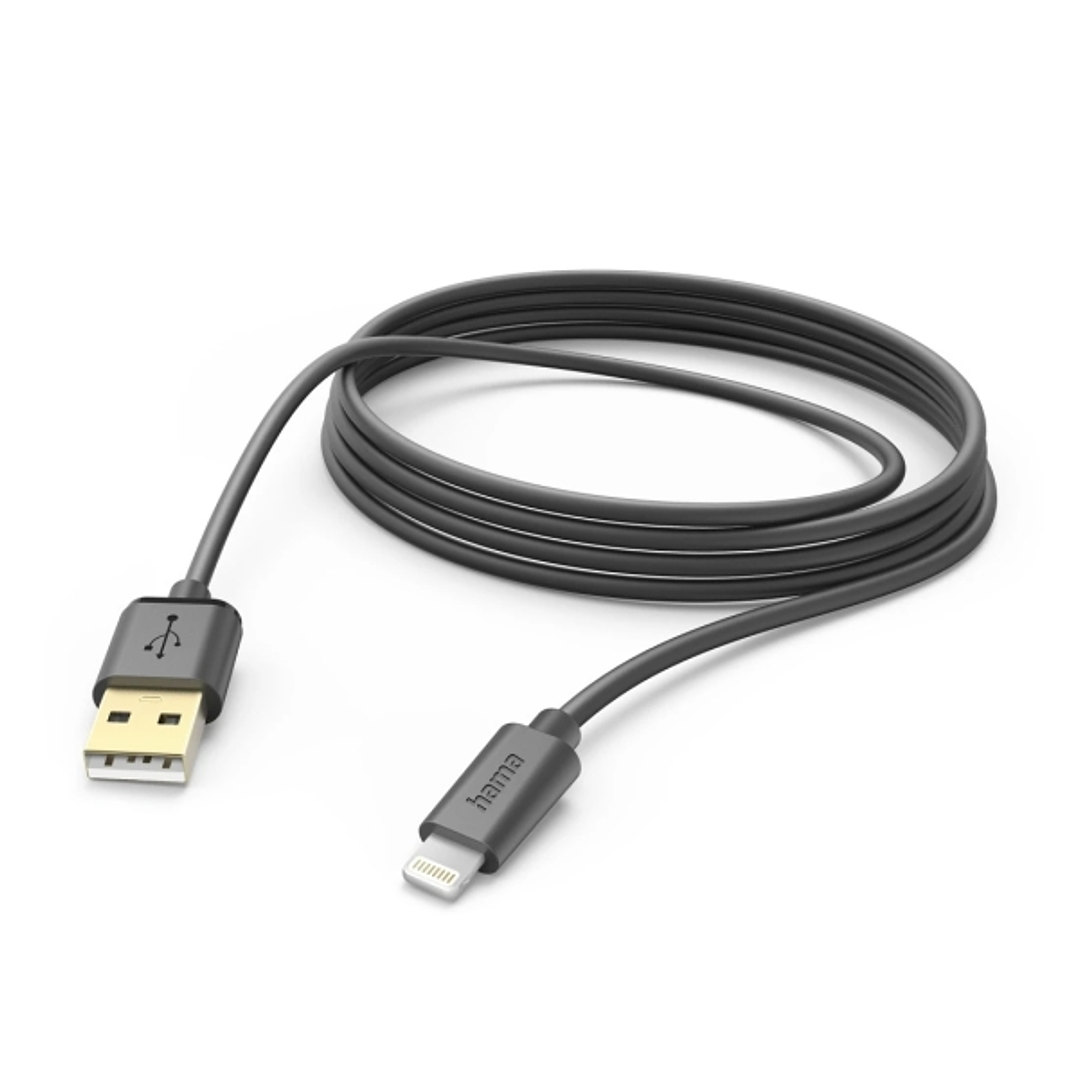 Hama Cable de Carga - USB-A Macho - Lightning - Longitud 1.5m - Velocidad hasta 480Mbps - Chapado en Oro - Color Negro 1