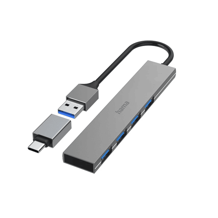 Hama Prime Hub USB 3.2 - Cable USB-A Integrado de 15cm - USB-A Hembra x4 - Adaptador USB-A a USB-C - 10.7x2.1x0.7cm - Color Gris 1