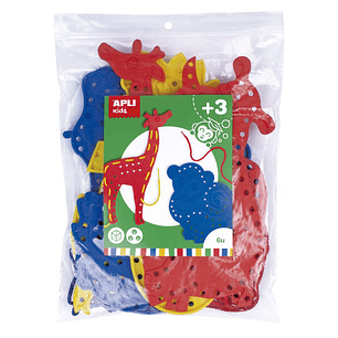 Apli Juego de Cosedores Animales - Formato Maxi - 6 Animales de Plastico con Agujeros - 18 Cuerdas de Colores - Desarrolla Psicomotricidad Fina y Coor