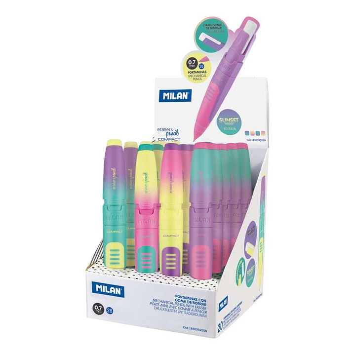 Milan Compact Sunset Expositor de 20 Portaminas - Mina 0.7mm 2B Grafito - Goma Milan Extra Grande - Colores Surtidos 1