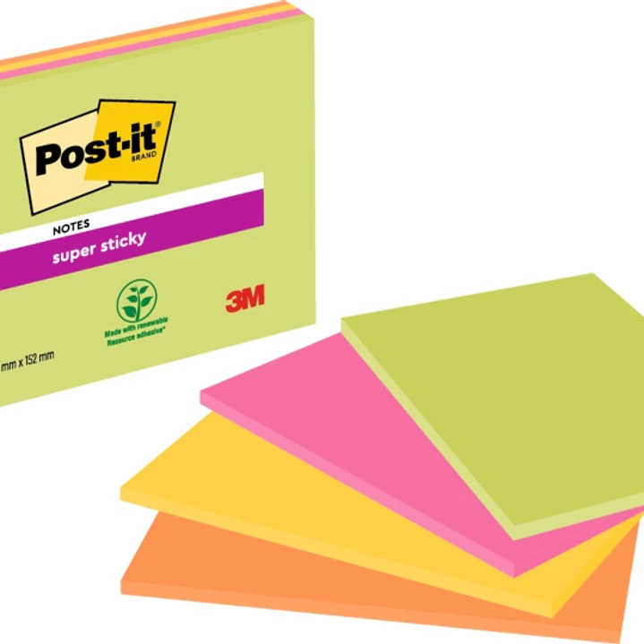 Post-It Super Sticky Pack de 4 Blocs de 45 Notas Adhesivas Reposicionables - Forma Rectangular - 152x203mm - Colores Surtidos 1