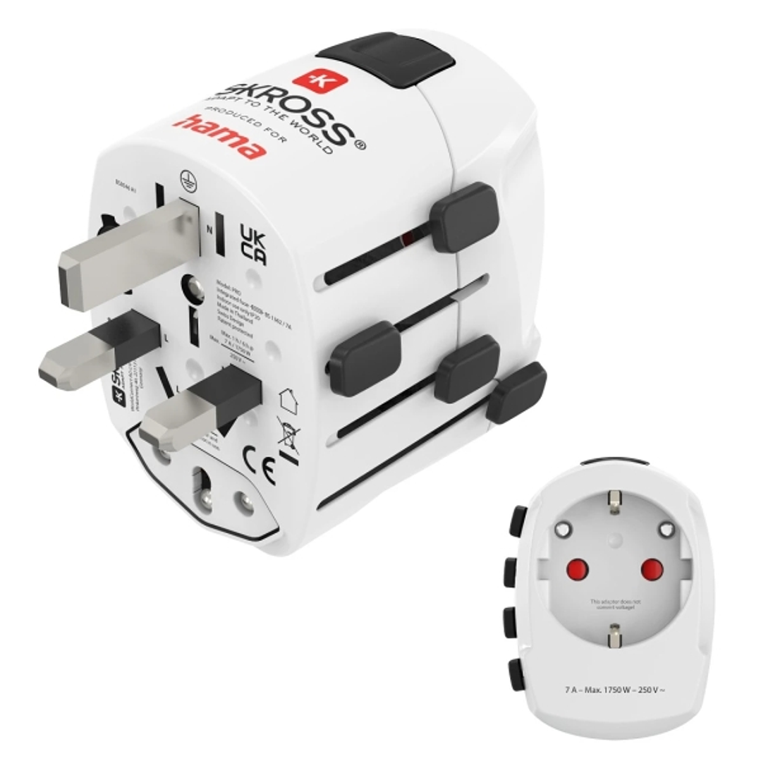 Hama World Travel Pro Adaptador de Viaje Universal - Potencia hasta 1750W - Voltaje 100-250V - Color Blanco 1