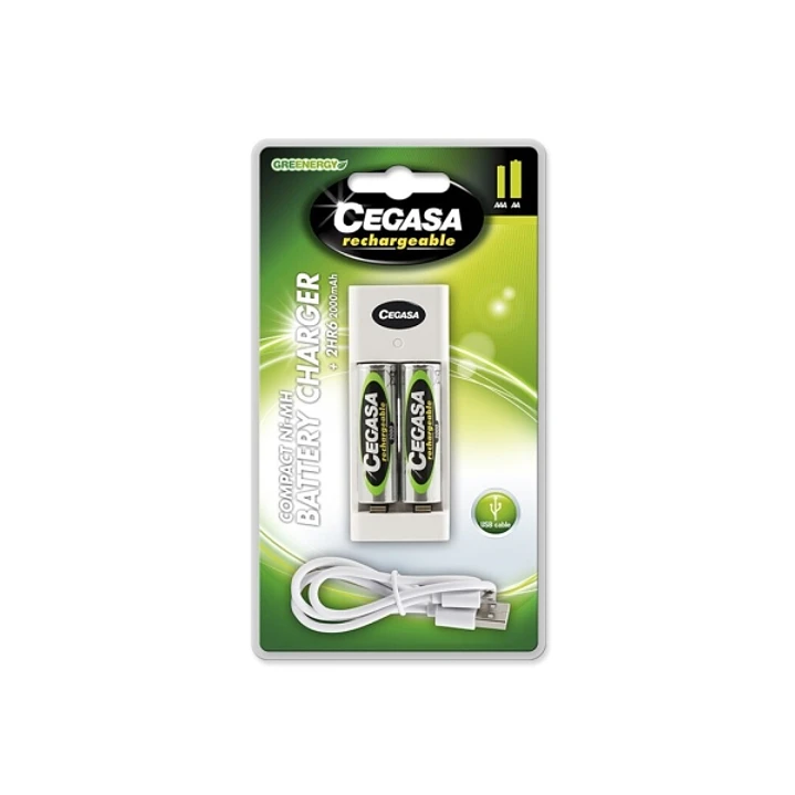 Cegasa Rechargeable Pack con Cargador Compacto de Pilas y Cable USB + 2 Pilas Recargables AA HR6 2000mAh - Cargador Apto para AA y AAA 1