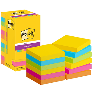 Post-It Super Sticky Pack de 12 Blocs de 90 Notas Adhesivas Reposicionables - Forma Cuadrada - 76x76mm - Colores Surtidos